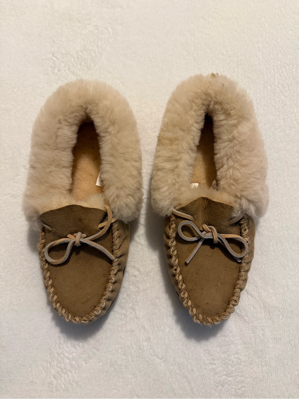 L.L. Bean Women's Tan Suede Moccasin Slippers with Cream Shearling Trim